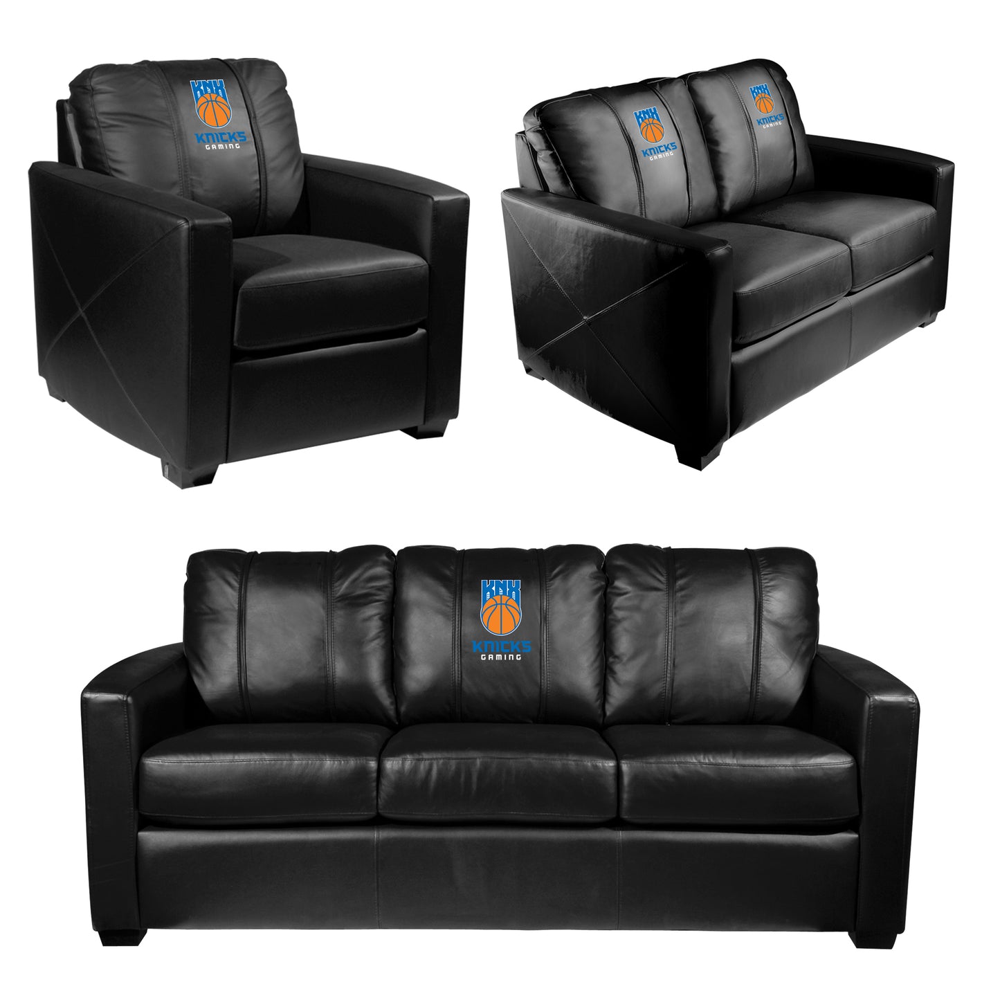 Silver Sofa with Knicks Gaming Global Logo