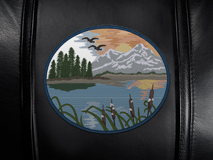 Silver Sofa with Mountain Background Logo Panel