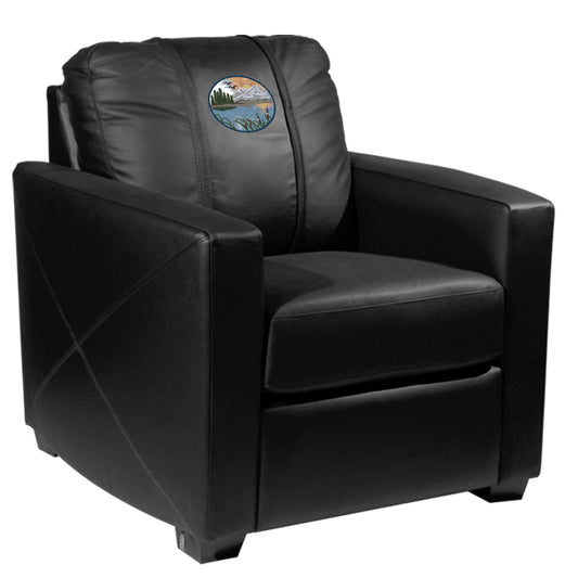 Silver Club Chair with Mountain Background Logo Panel
