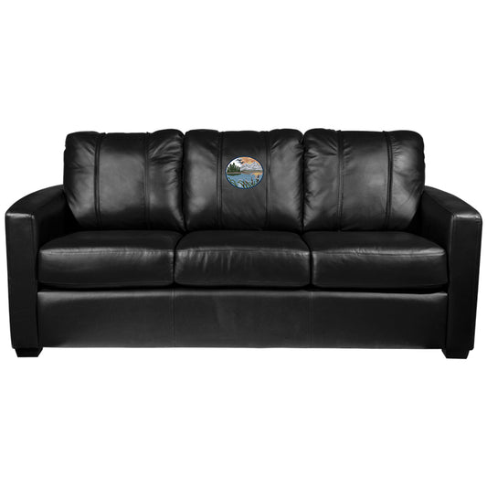 Silver Sofa with Mountain Background Logo Panel